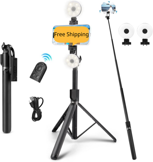 Perche à Selfie 180 cm avec Trépied & Lumière LED – Rotation 360°, Bluetooth, Télécommande Intégrée, Compatible Android & iOS