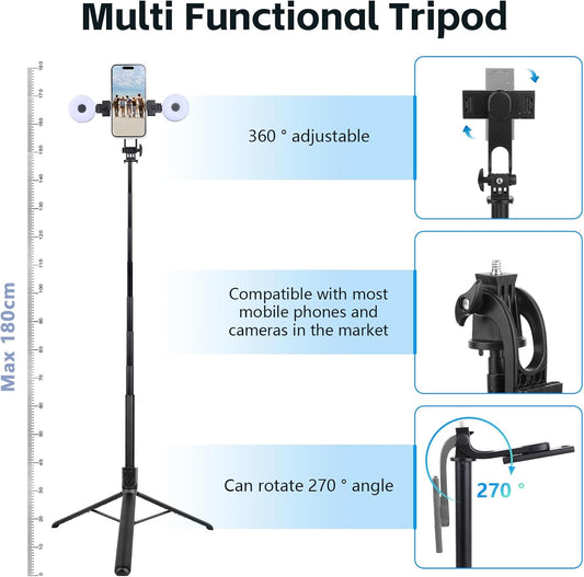 Perche à Selfie 180 cm avec Trépied & Lumière LED – Rotation 360°, Bluetooth, Télécommande Intégrée, Compatible Android & iOS
